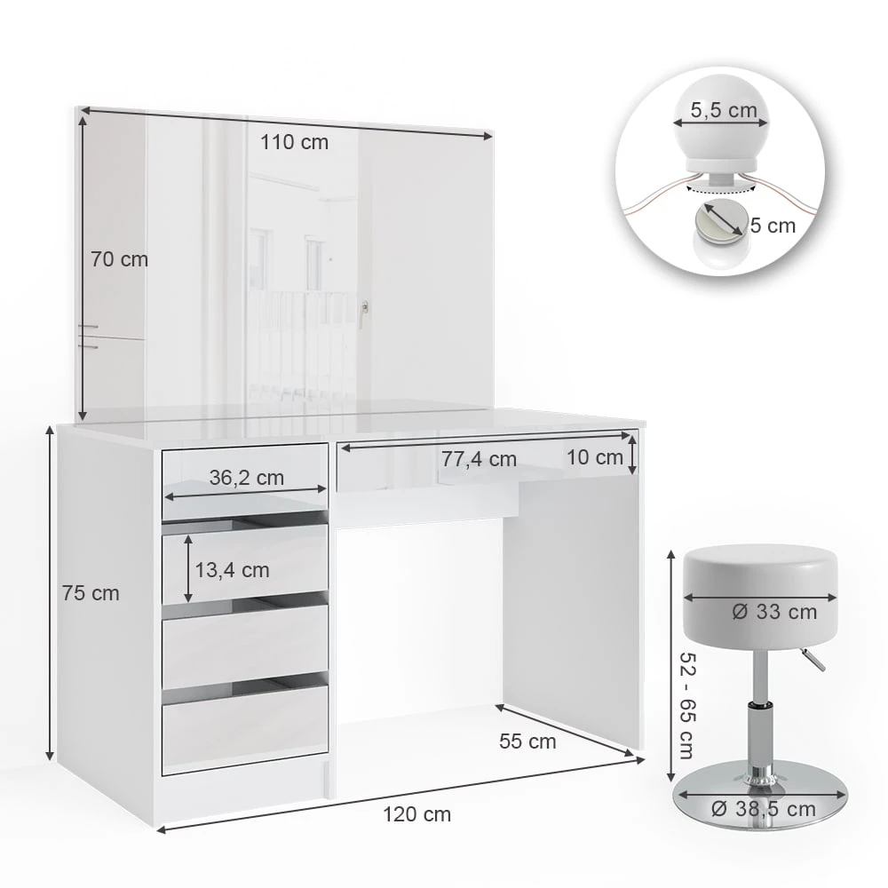 Vicco Schminktisch Sherry Weiß Mit LED-Beleuchtung Spiegel Hocker Frisiertisch 5 Vicco Schminktisch Sherry Weiß Mit LED-Beleuchtung Spiegel Hocker Frisiertisch – Bild 3